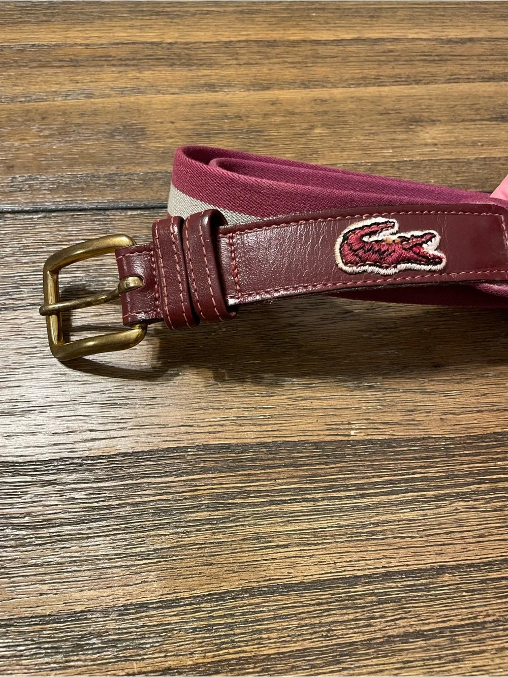Vintage Lacoste Alligator Belt Men's Size 36/90 Brass Buckle Wine Khaki Stretch